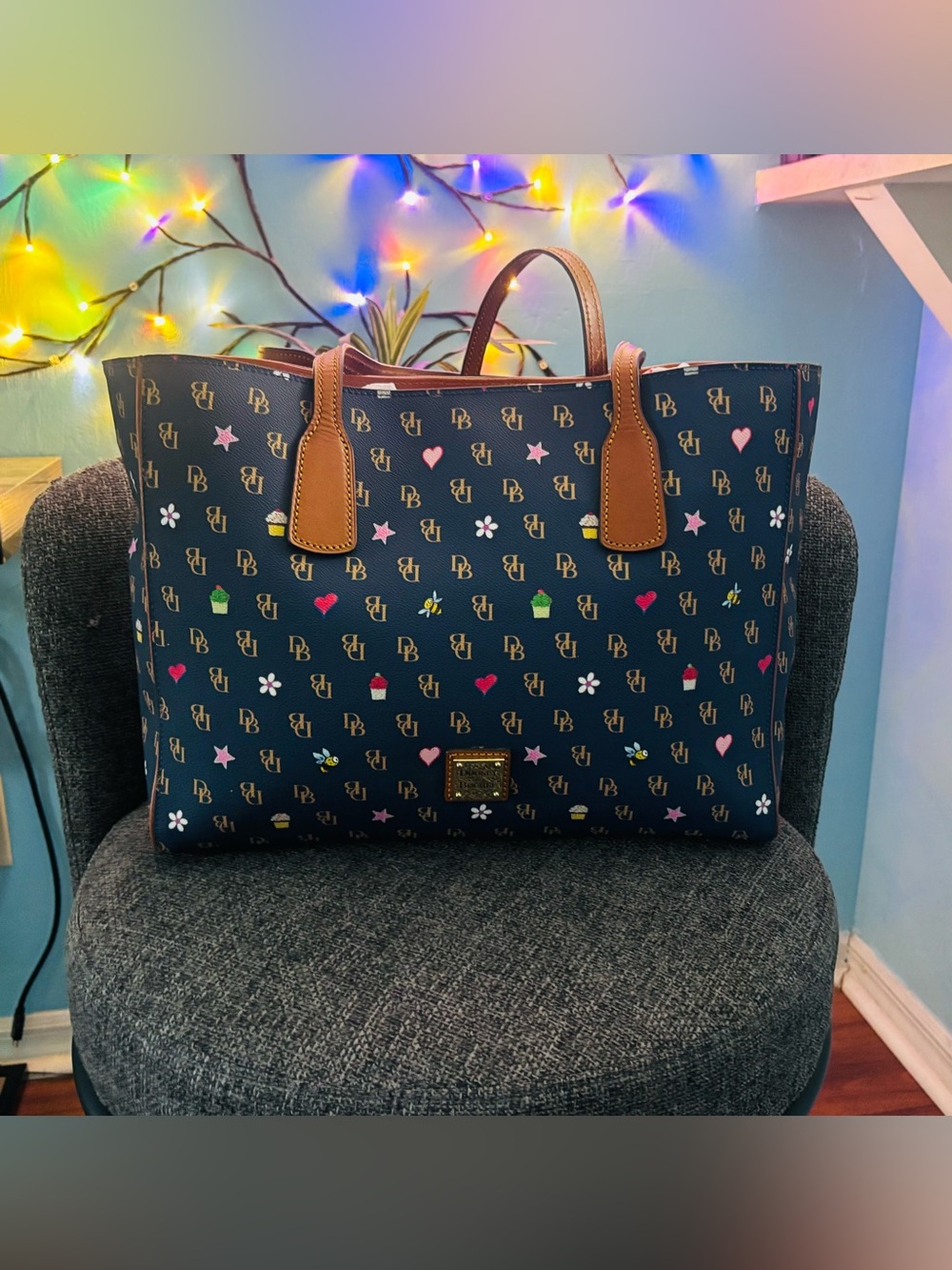 Dooney & Bourke Navy Tote with Multicolor Icons and Tan Trim